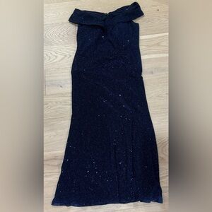 XSCAPE Navy Blue Off the Shoulder Glitter/Sequin Gown